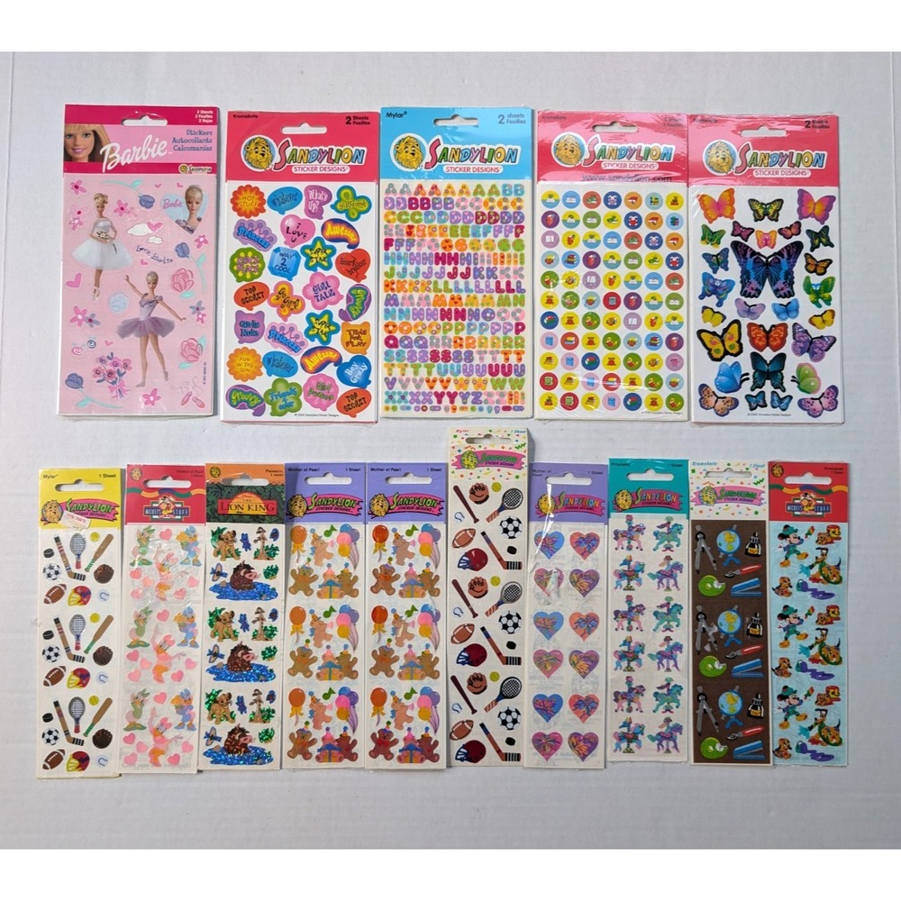 READ Vintage Sandylion Sticker Sheet Lot of 15 90s Disney Barbie